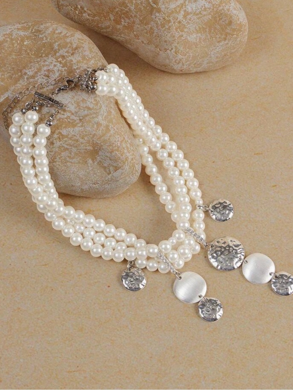 White Pearl Choker with Silver Disc Charms - Picture 7 of 7